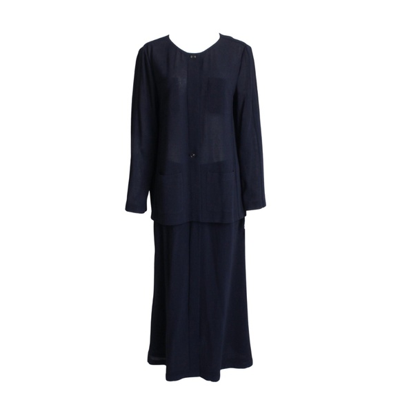 Chanel Jacket + Skirt Suit 2pc Sheer Wool Crepe Button Front Navy Blue 99P HTF - Picture 1 of 10